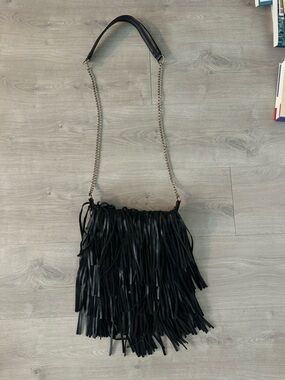 Black Fringe Crossbody Bag with Chain Strap
